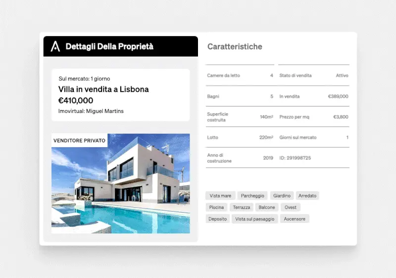 Vista del CASAFARI CRM con dati immobiliari e intelligence di mercato